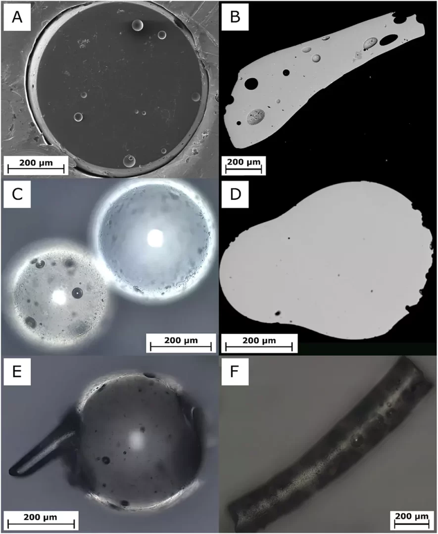 Ejemplos de vidrios de Hiroshima bajo microscopio óptico 