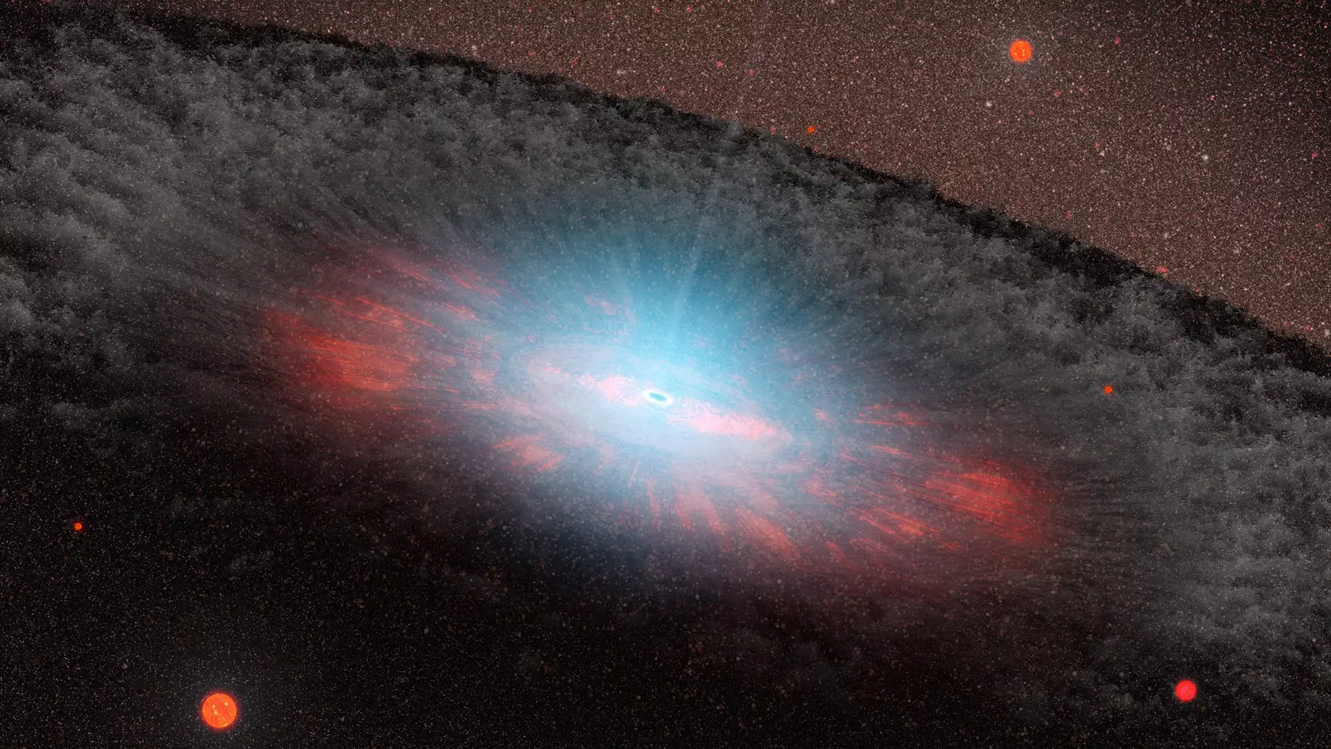 : Esta ilustración muestra un agujero negro supermasivo en el centro de casi todas las galaxias. Sin embargo, en ocasiones esos agujeros negros son derribados o completamente expulsados de sus galaxias.
