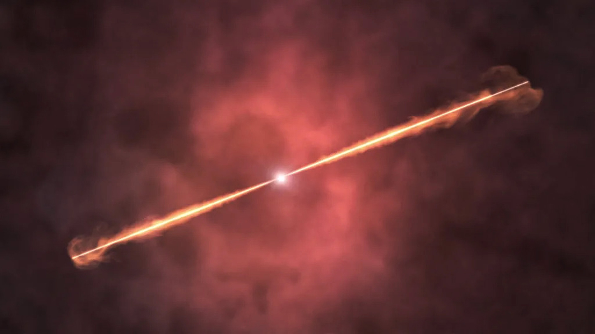 Los astrónomos creen que un GRB Largo (GRB, explosión de rayos gamma) proviene de una estrella masiva que gira rápidamente cuando su núcleo se queda sin combustible y colapsa, formando un agujero negro en el centro de la estrella. En el concepto de este artista, dos chorros emergen de una estrella moribunda e interactúan con el gas y el polvo alrededor.