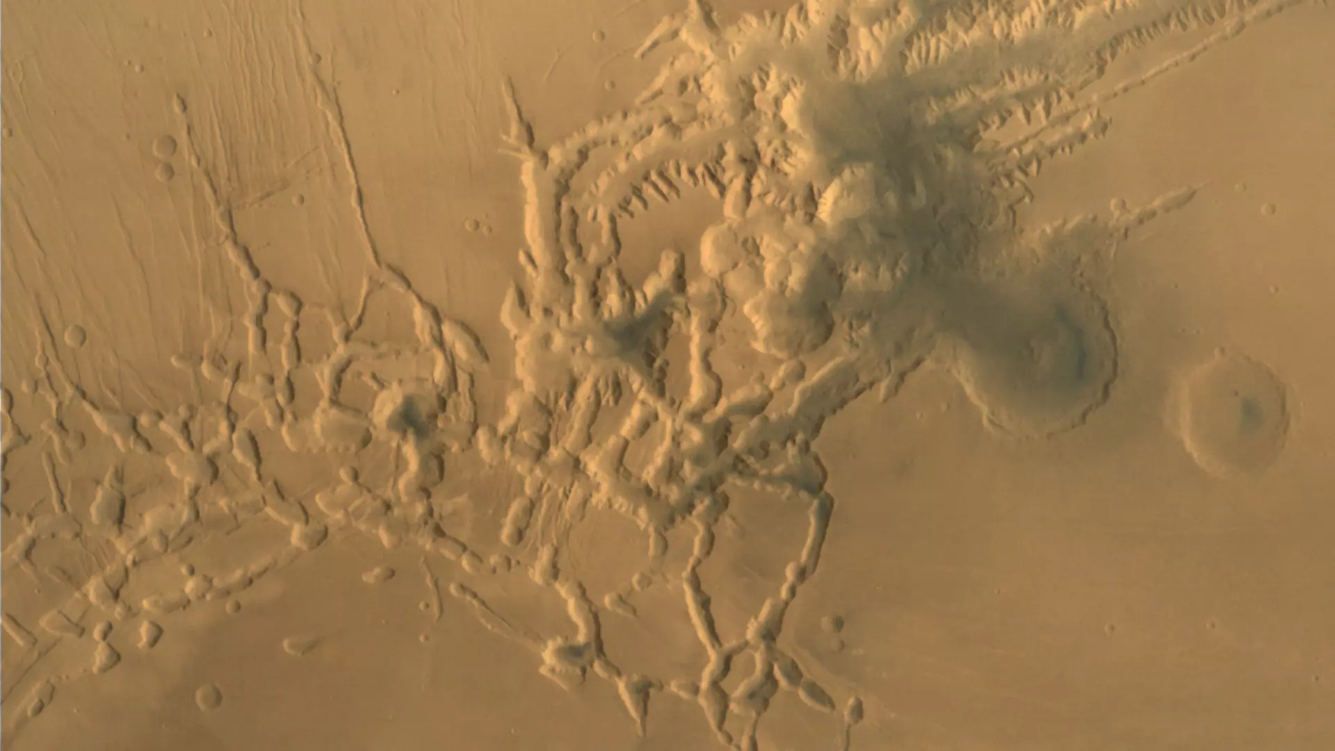 El 20 de enero de 2015, la misión Mars Orbiter tomó esta imagen de Noctis Labyrinthus, el extremo occidental del extenso complejo Valles Marineris.