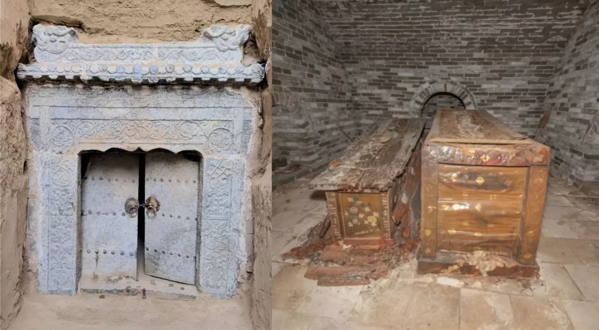 Izquierda: Puerta de la cripta en el distrito de Xinfu, China. Derecha: Los ataúdes.