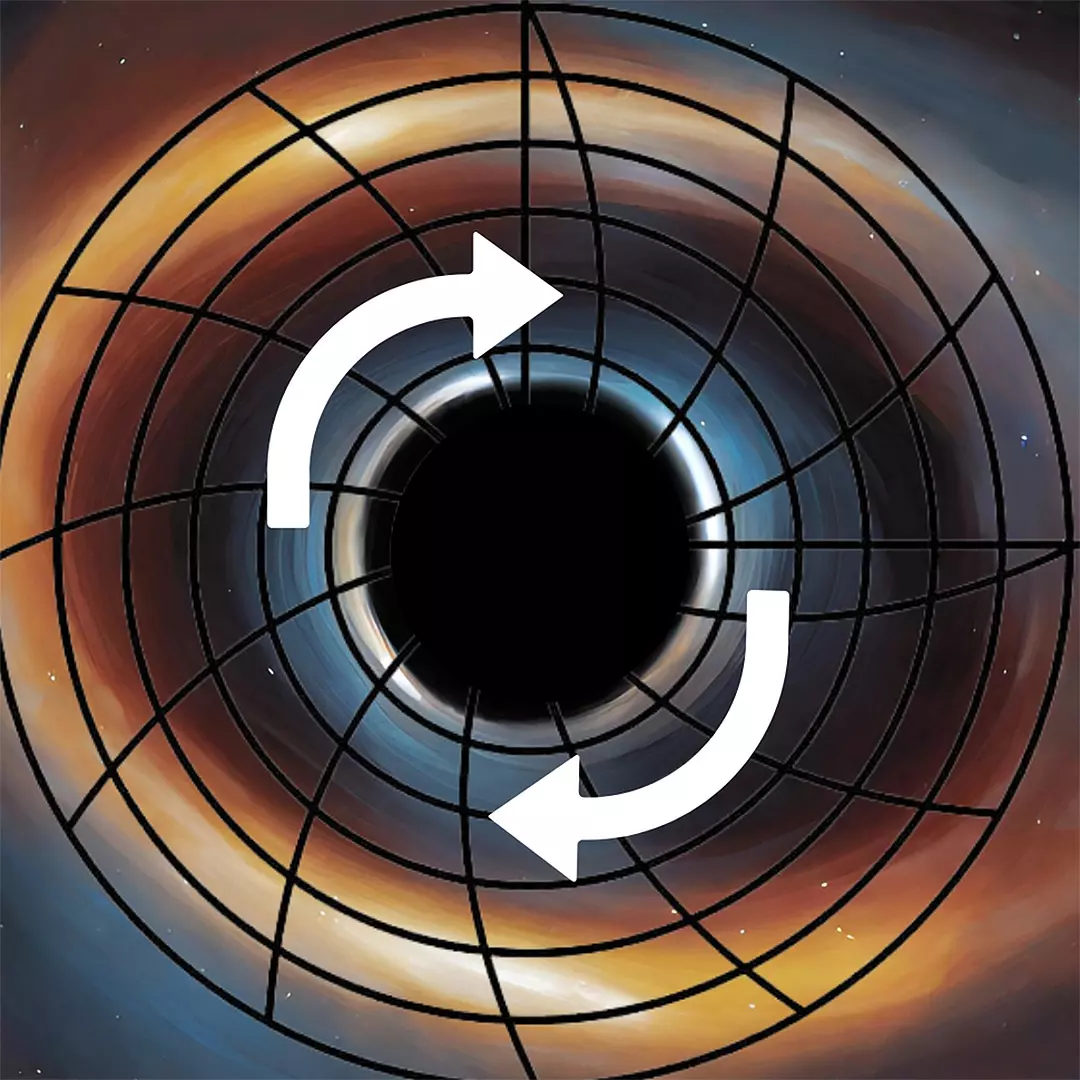 Ilustración de un agujero negro que rota y arrastra el tejido del espacio-tiempo.
