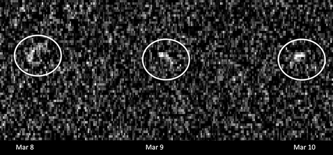 Antenas de radio del complejo Goldstone de la Red de Espacio Profundo en California y el Telescopio Green Bank en Virginia Occidental capturaron estas imágenes del asteroide Apophis