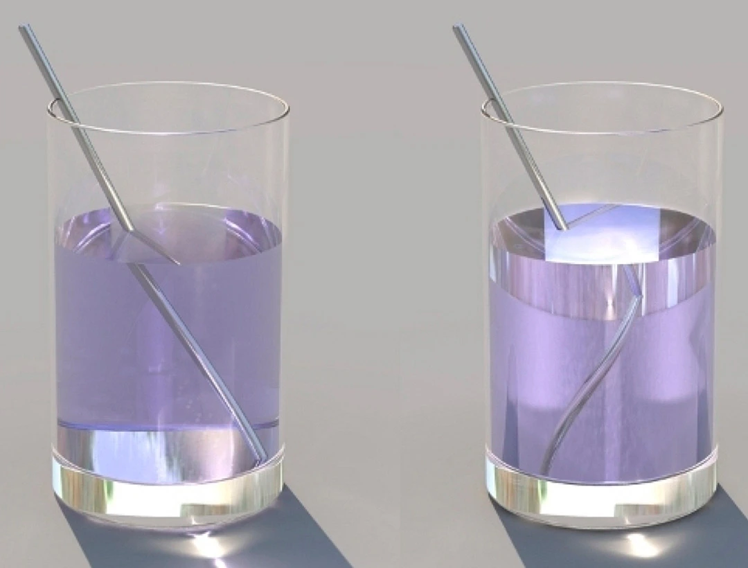El vaso izquierdo muestra la refracción positiva y el vaso derecho muestra la refracción negativa.