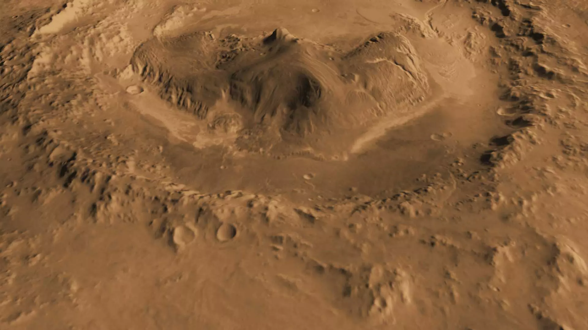 Esta imagen creada por computadora y basada en varias observaciones orbitales muestra el cráter Gale de Marte.