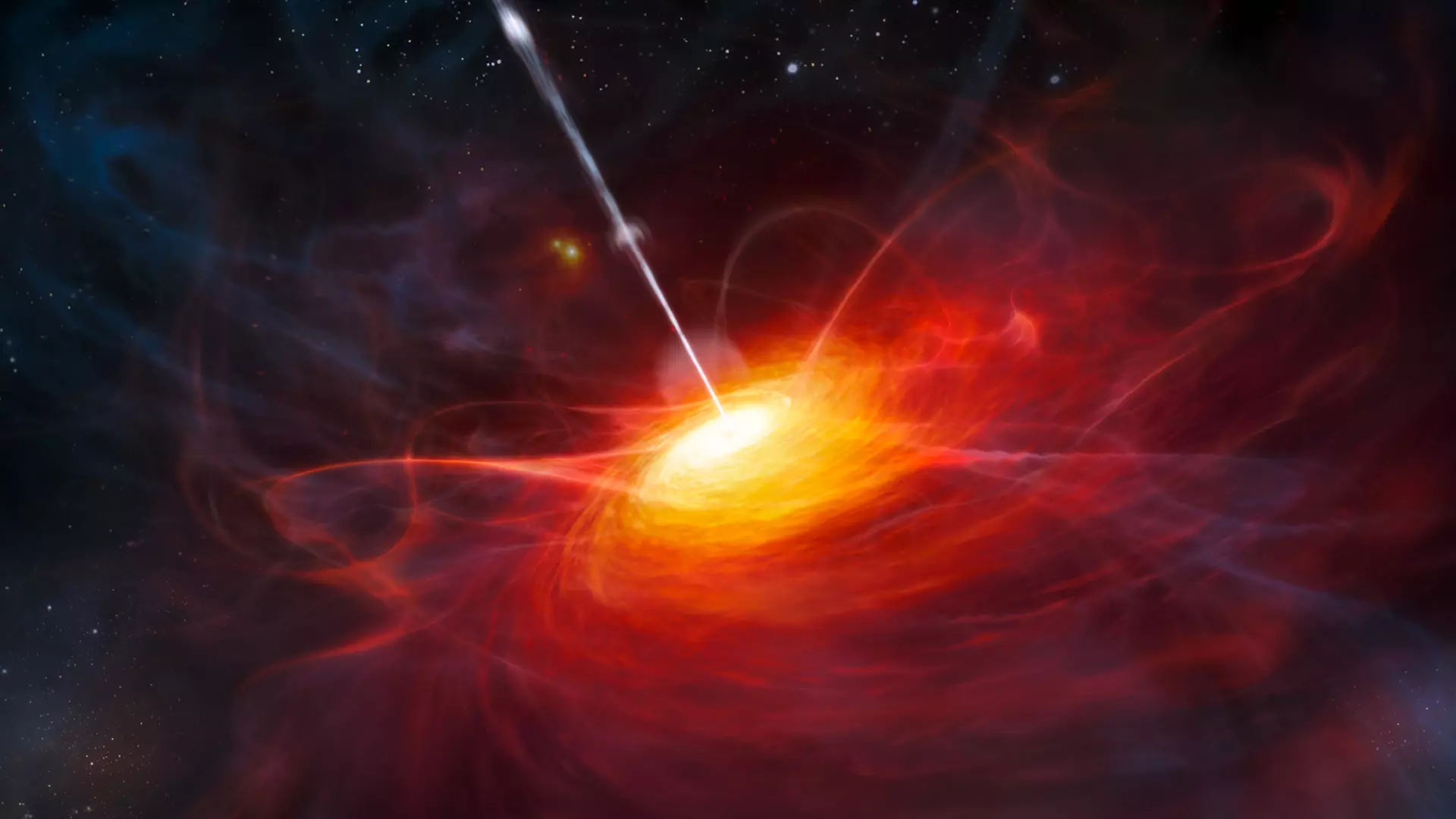 Representación artística del disco de acreción de ULAS J1120+0641, un cuásar muy lejano alimentado por un agujero negro enorme con una masa dos mil millones de veces mayor que la del Sol.