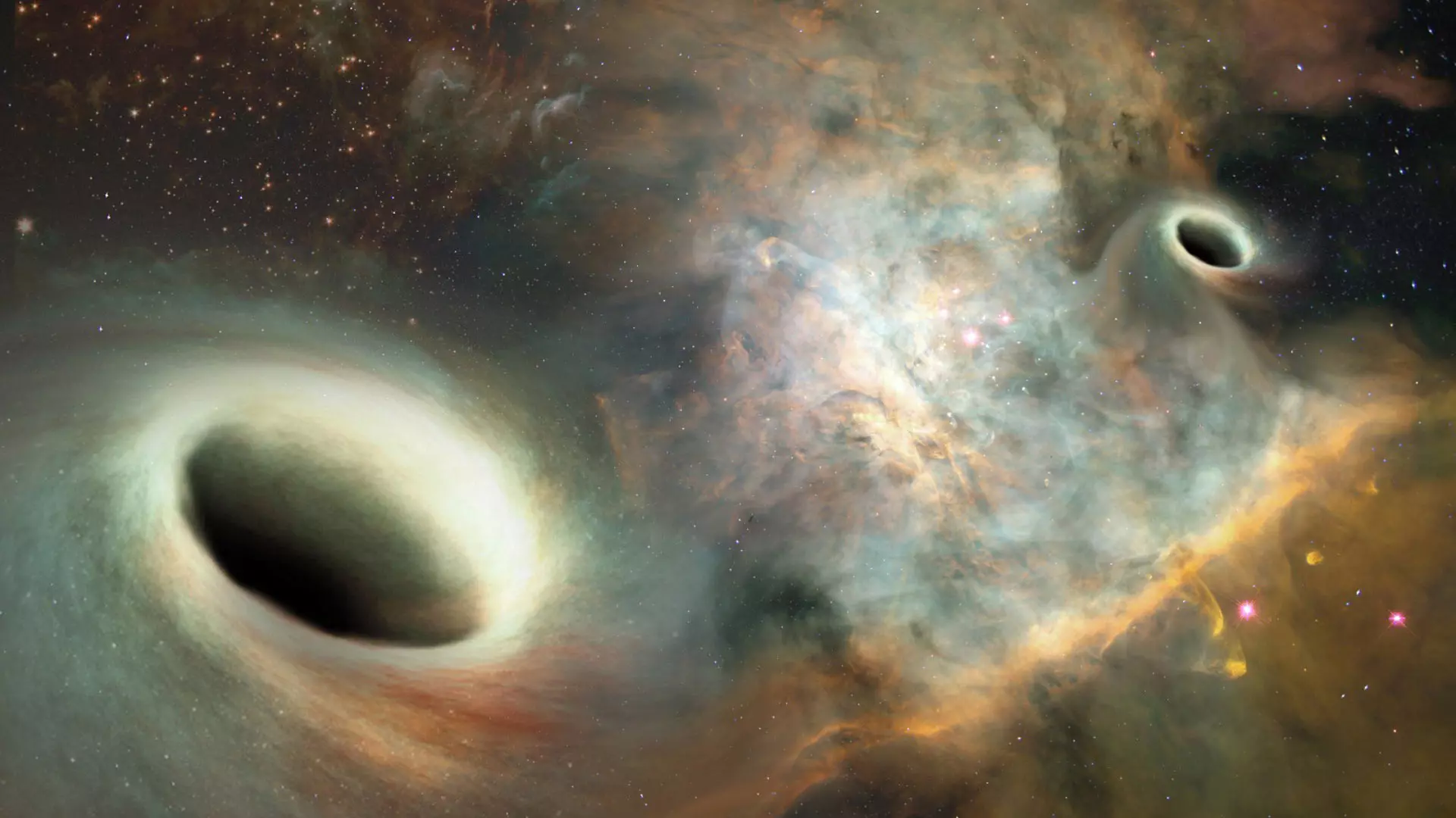 Concepción artística mostrando dos agujeros negros supermasivos