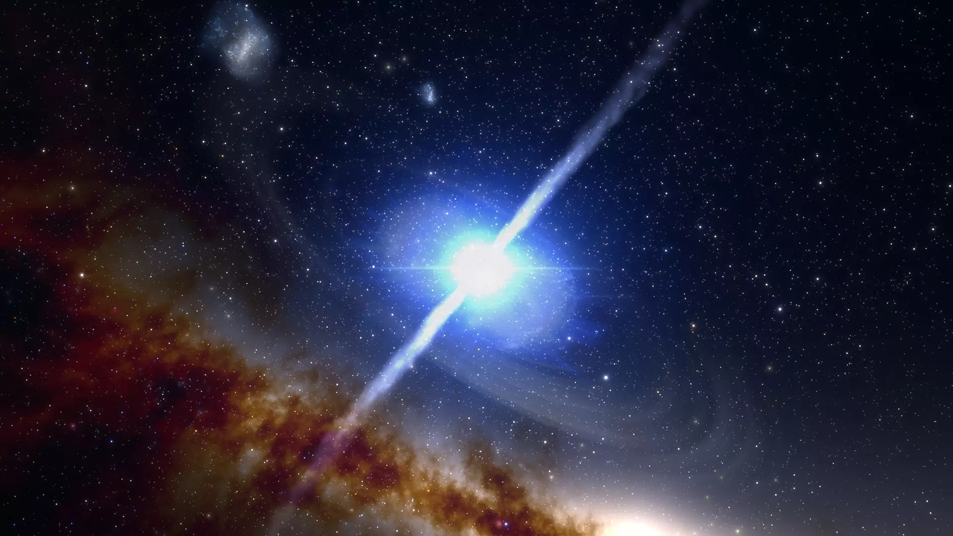 impresión artística ilustra la fusión de dos estrellas de neutrones, que produce un evento notablemente breve (de 1 a 2 segundos), pero intensamente poderoso, conocido como breve estallido de rayos gamma.