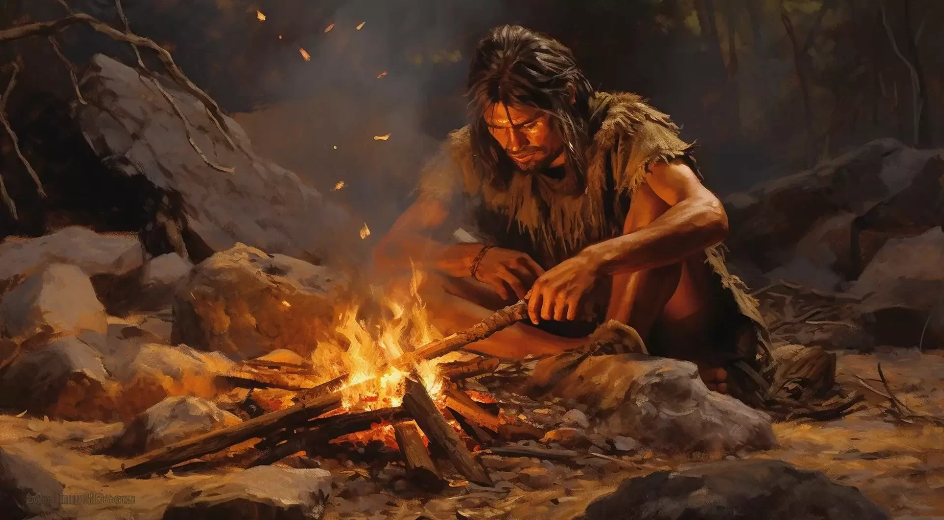 Representación artística de un hombre prehistórico haciendo fuego