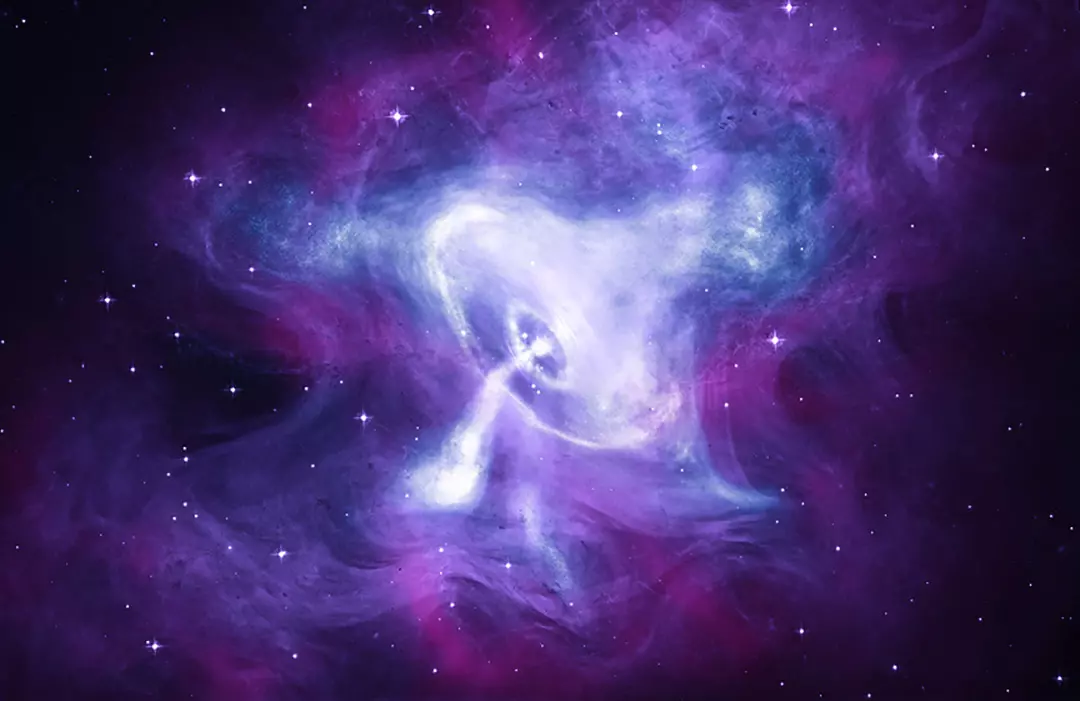 Los datos infrarrojos de Spitzer (rosa), los datos ópticos del Hubble (púrpura) y los rayos X de Chandra (azul y blanco) forman una imagen compuesta de la Nebulosa del Cangrejo.