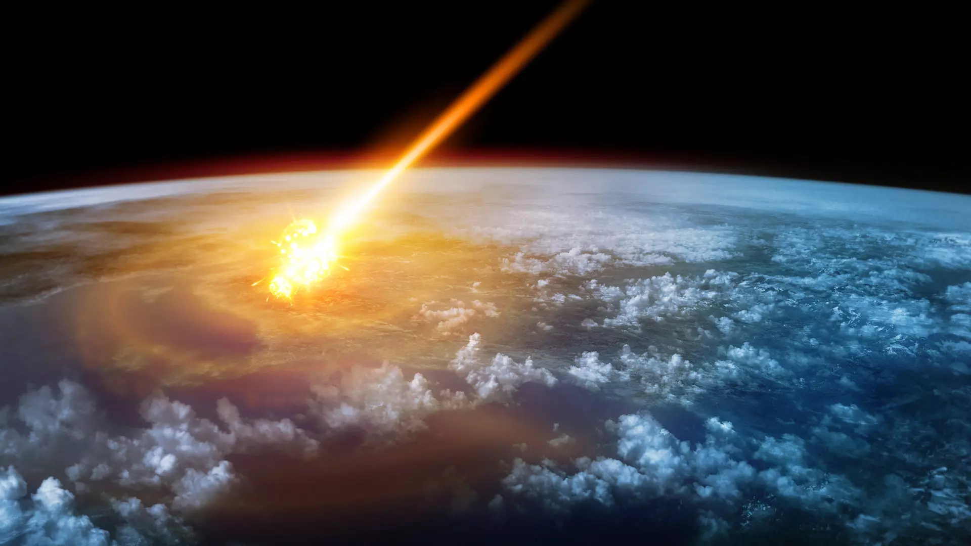 Ilustración de un meteorito asteroide ingresando a la atmosfera de la tierra a gran velocidad