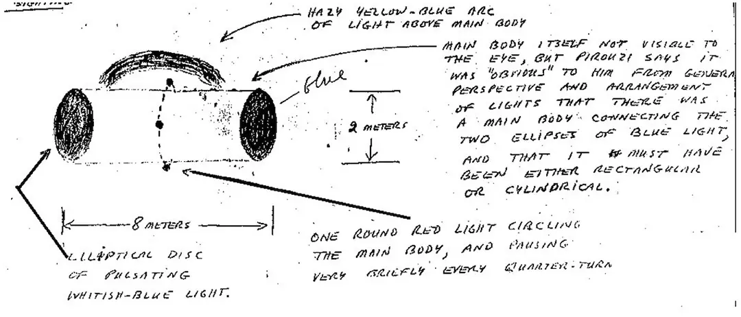 Imagen ilustrativa y notas del primer UAP cilíndrico avistado por Hossein Pirouzi