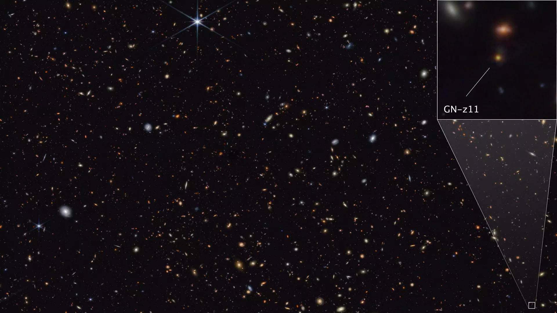 Una parte del campo de galaxias GOODS-Norte se muestra en esta imagen realizada por el NIRCam (Near-Infrared Camera) del Webb