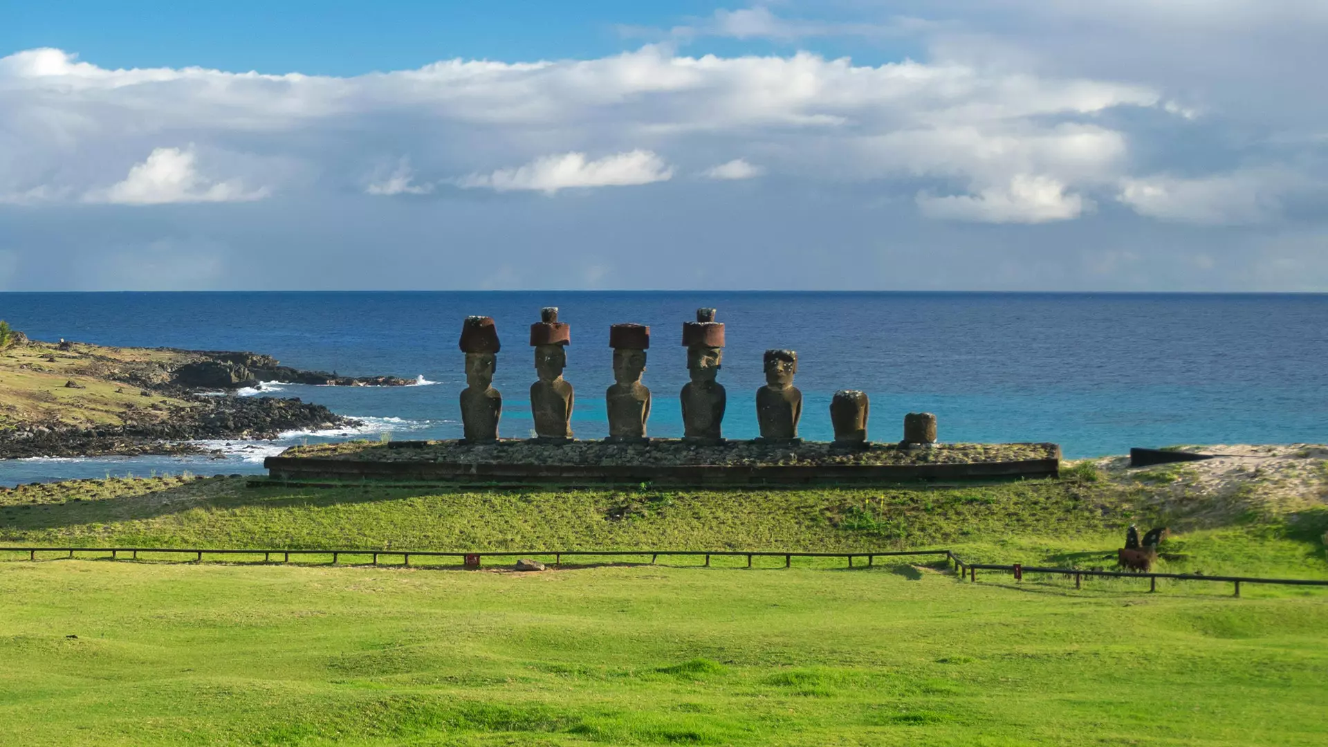 El Moai de Ahu Nau Nau, Anakena, enmarcado por la incorporación de cocoteros de Tahití recientemente