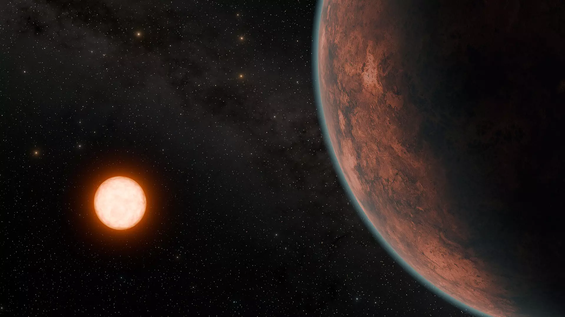 Ilustración de Gliese 12 b orbitando alrededor de una enana roja fría.