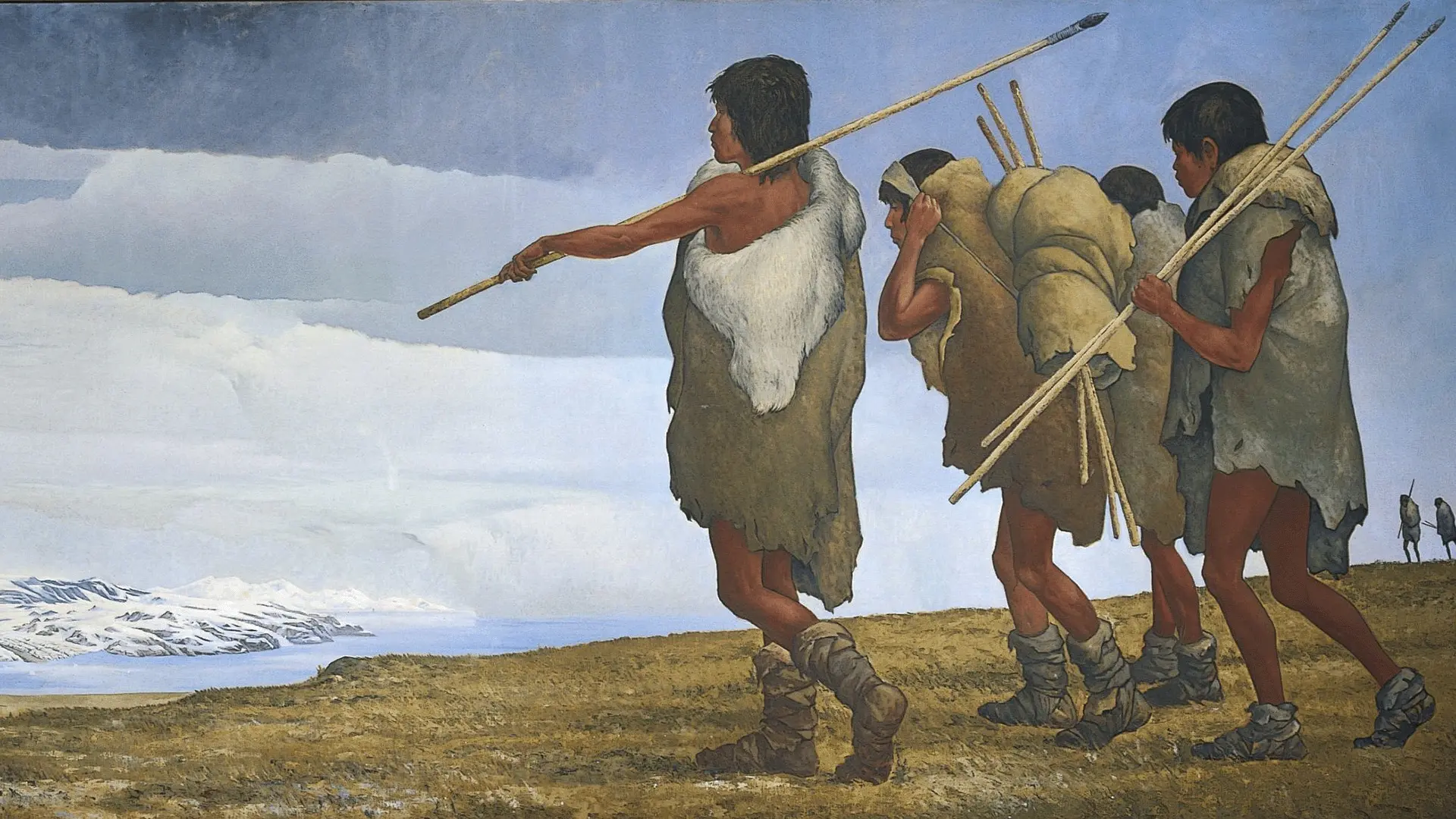 Recreación de un artista de la primera migración humana a América del Norte desde el otro lado del Mar de Bering.